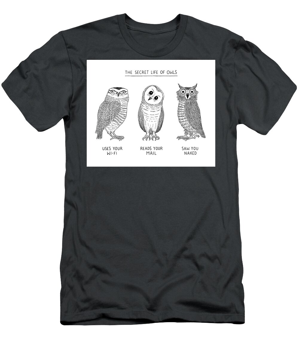 The Secret Life Of Owls T-Shirt featuring the drawing The Secret Life of Owls by Tom Chitty