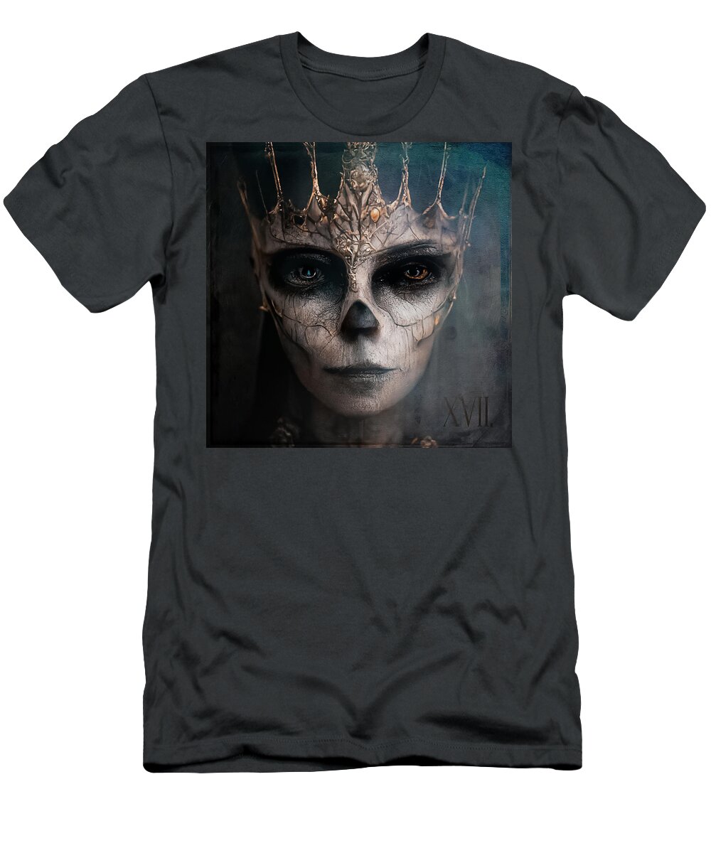 Skeleton Queen Gothic Dark Portrait Eyes Crown T-Shirt featuring the digital art The Skeleton Queen by Alisa Williams