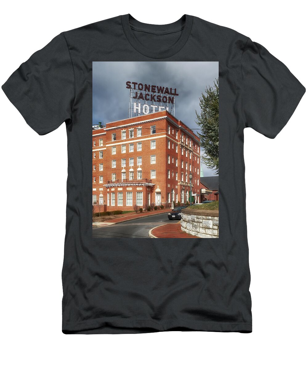 Staunton T-Shirt featuring the photograph The Stonewall Jackson Hotel in Staunton Virginia by Susan Rissi Tregoning
