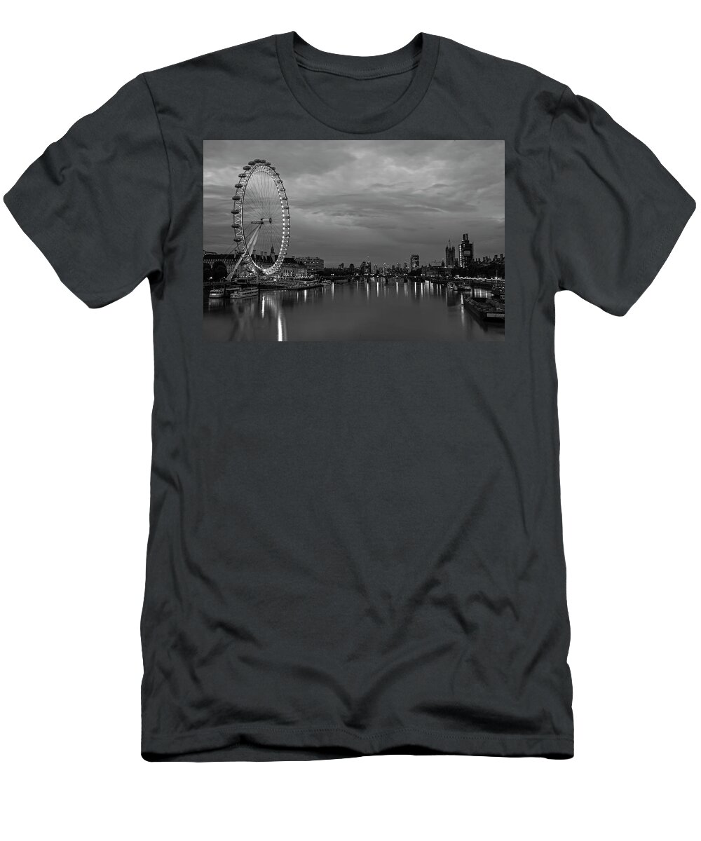 London T-Shirt featuring the photograph The Thames River London Eye England UK Dramatic Sky Black and White by Toby McGuire