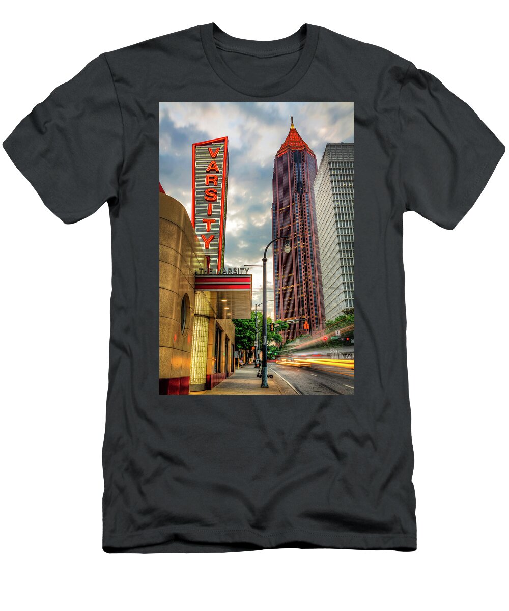 Atlanta Skyline T-Shirt featuring the photograph Glowing Neon And Passing Light Trails By An Iconic Eatery In Atlanta Georgia by Gregory Ballos