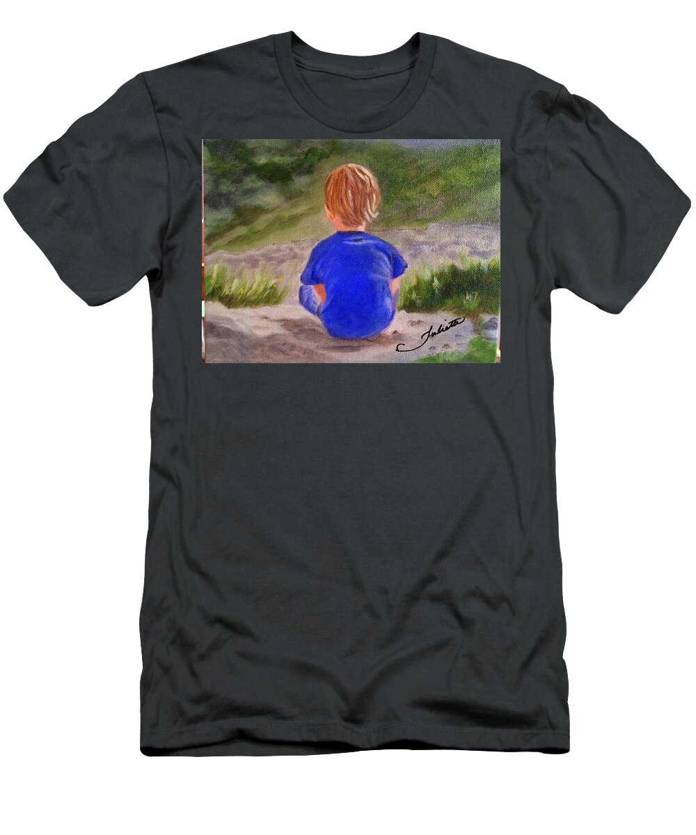 Child T-Shirt featuring the painting The World is his Oyster by Juliette Becker