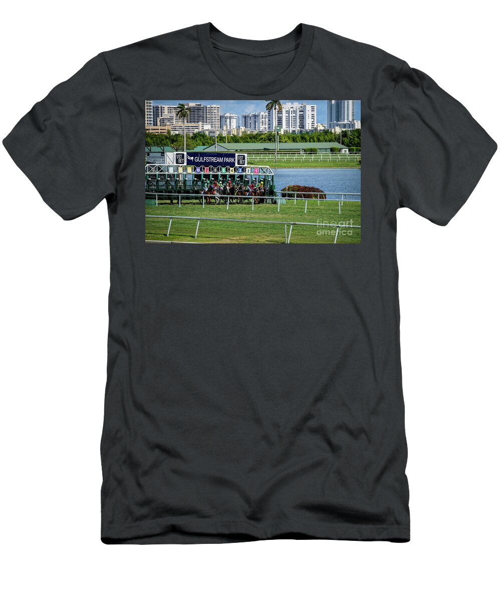 Gulfstream Park T-Shirt featuring the photograph They're Off by Ed Taylor