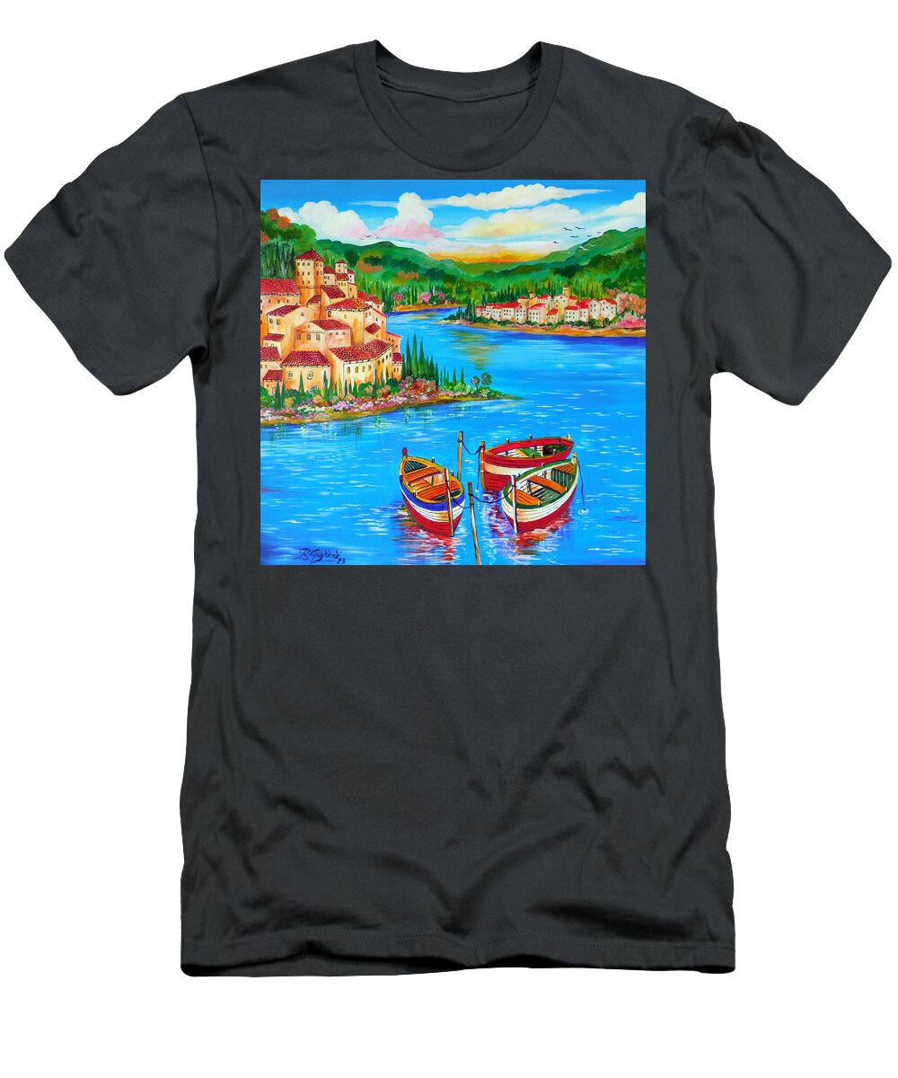 Boats T-Shirt featuring the painting Three Boats in the Lake by Roberto Gagliardi