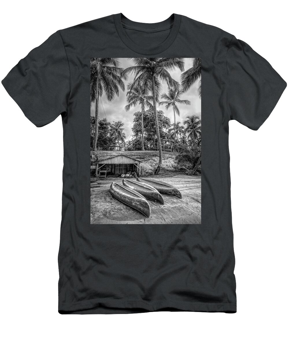 African T-Shirt featuring the photograph Three Canoes on the Beach in Black and White by Debra and Dave Vanderlaan
