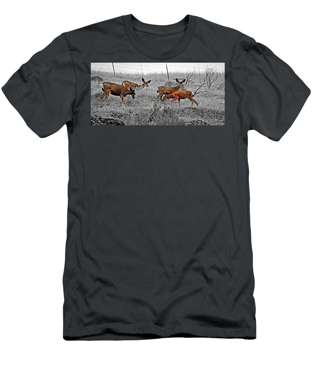 Three Does And Fawn T-Shirt featuring the digital art Three Does and Fawn by Fred Loring