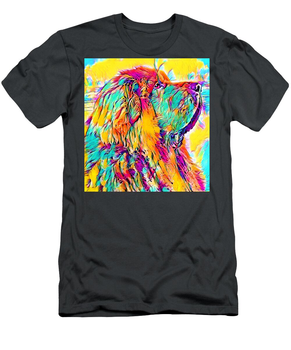 Tibetan Mastiff T-Shirt featuring the digital art Tibetan Mastiff dog sitting profile - colorful painting by Nicko Prints