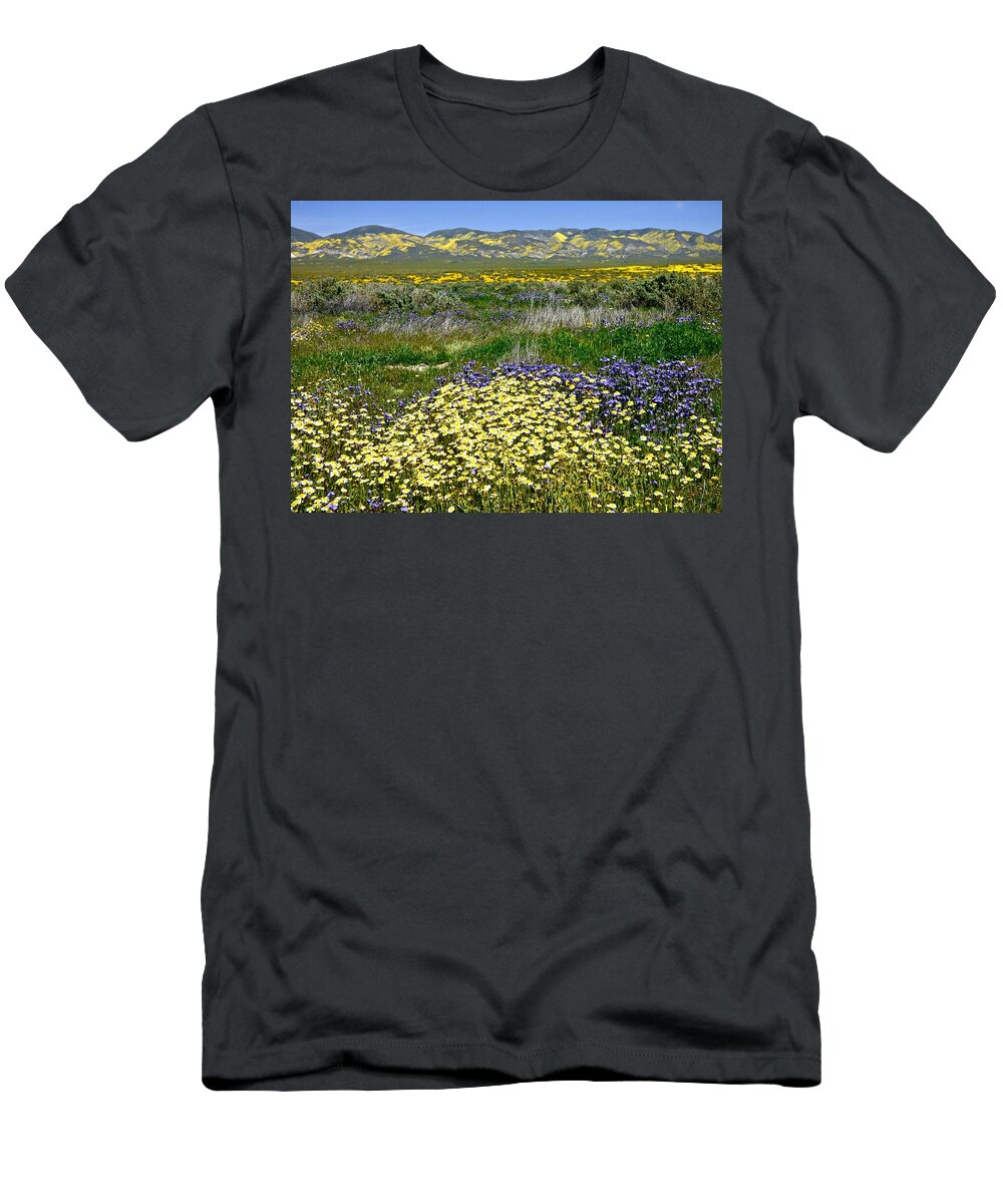 Carrizo Plain T-Shirt featuring the photograph Tidy Tips and Great Valley Phacelia Super Bloom Carrizo Plain by Amelia Racca