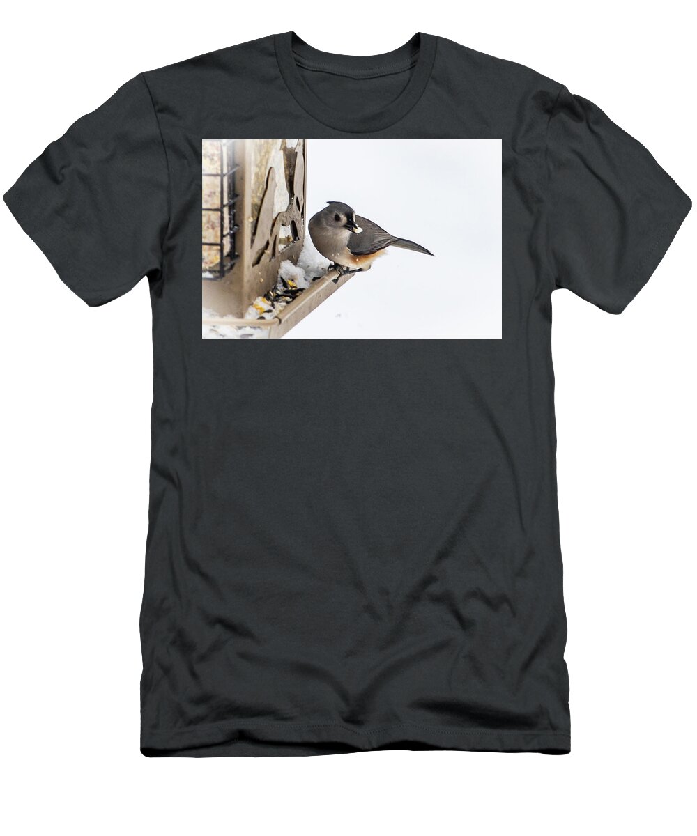 2019 T-Shirt featuring the photograph Titmouse at feeder by Gerri Bigler