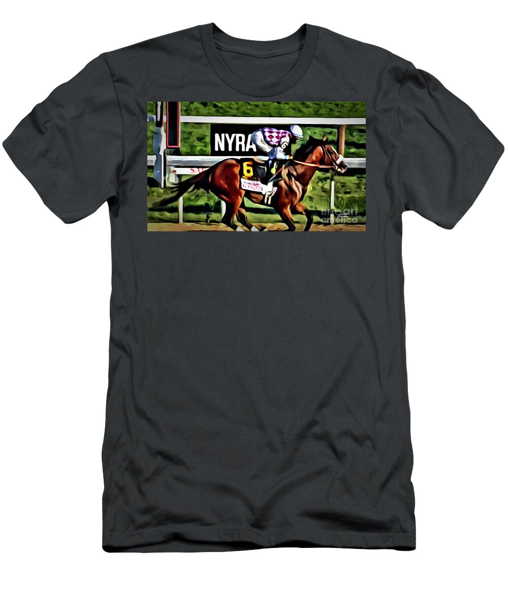 Saratoga T-Shirt featuring the digital art Tiz the Law Wins the Travers 2 by CAC Graphics