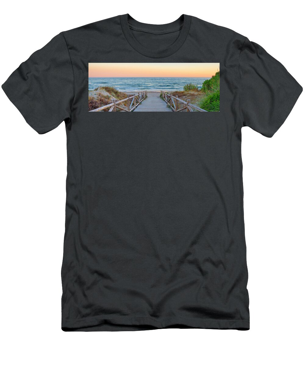 Pano T-Shirt featuring the photograph To the beach..... Artola beach at sunset. Panoramic. by Guido Montanes Castillo
