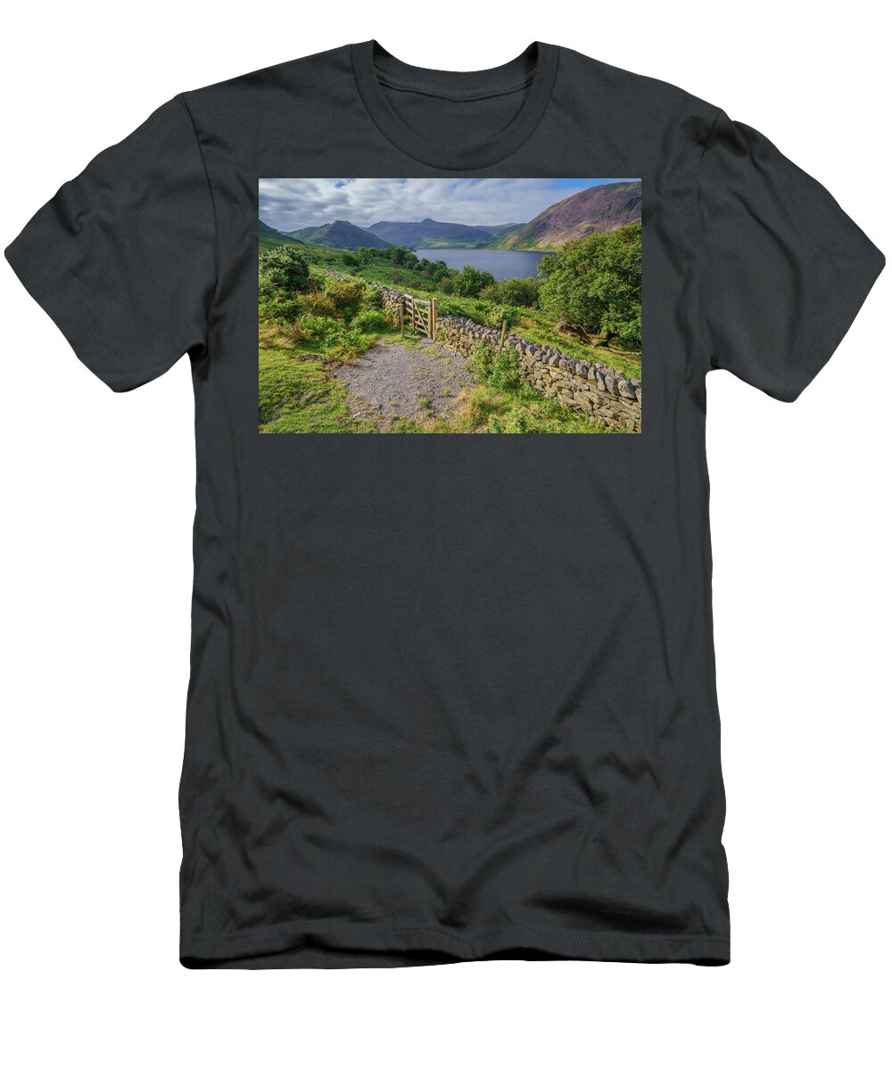 #thelakedistrict #englishcountryside #beautifullakes #lakes #relaxingscene #gate #gateway #trees #buttermere #drywall T-Shirt featuring the photograph To The Land Beyond by John Chivers