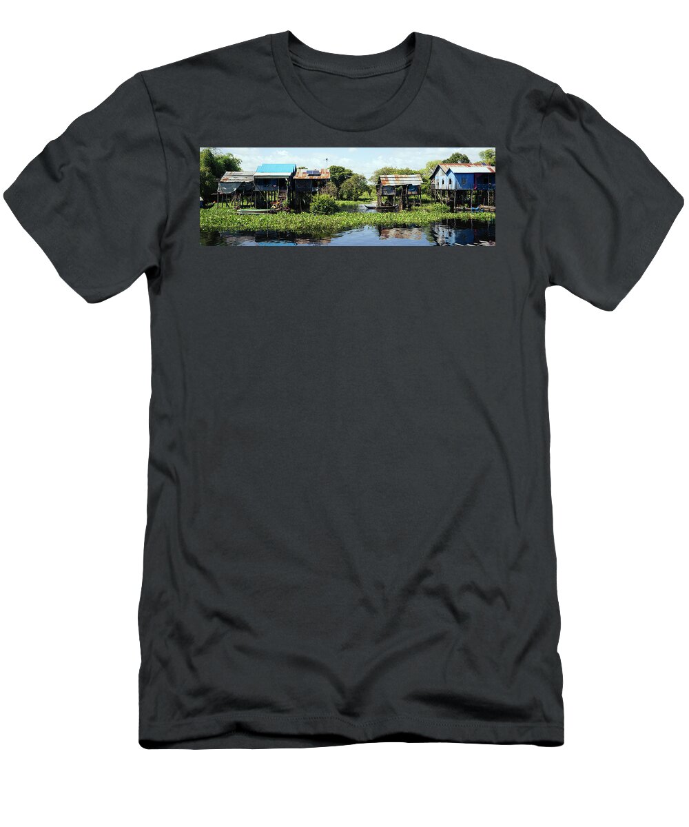 Panoramic T-Shirt featuring the photograph Tonlesap lake cambodia floating village chong khneas 2 by Sonny Ryse