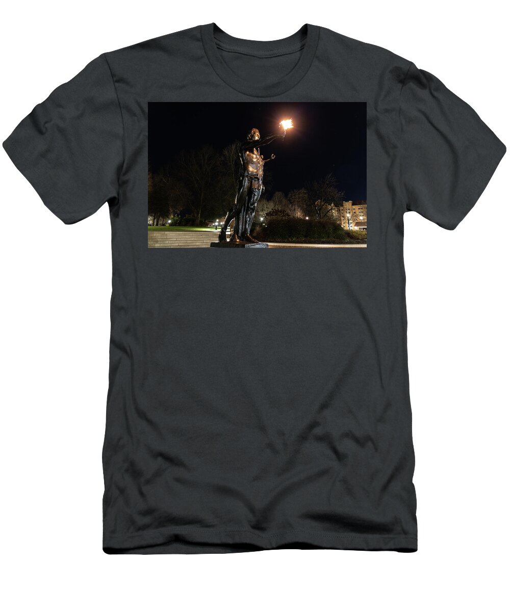 University Of Tennessee At Night T-Shirt featuring the photograph Torchbearer statue at the University of Tennessee at night by Eldon McGraw
