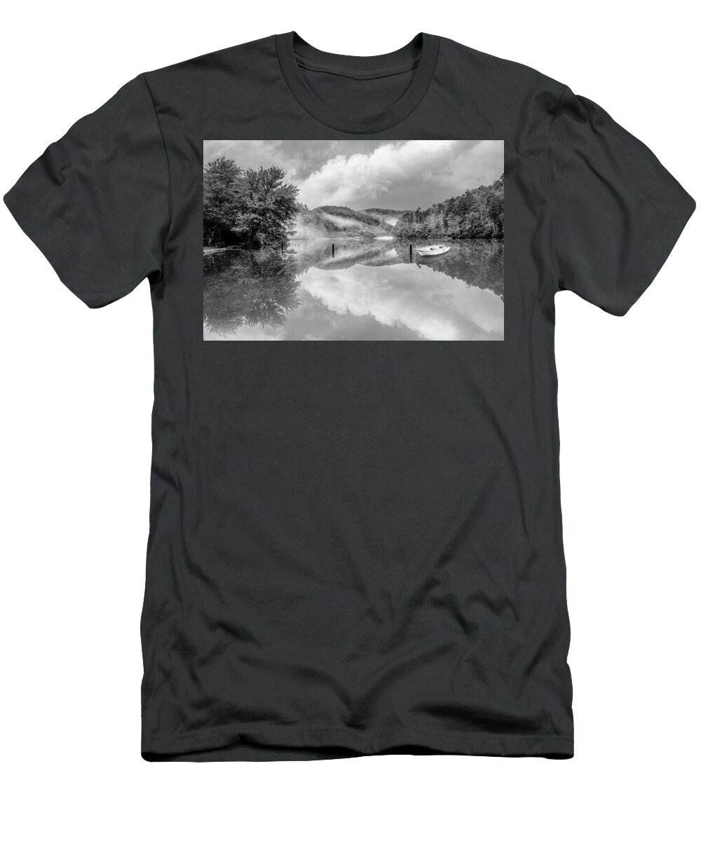 Carolina T-Shirt featuring the photograph Touch of Fog on the Lake Black and White by Debra and Dave Vanderlaan
