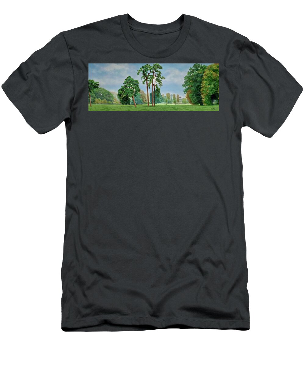 Towcester T-Shirt featuring the painting Harmony in Green, Towcester Watermeadows by Caroline Swan