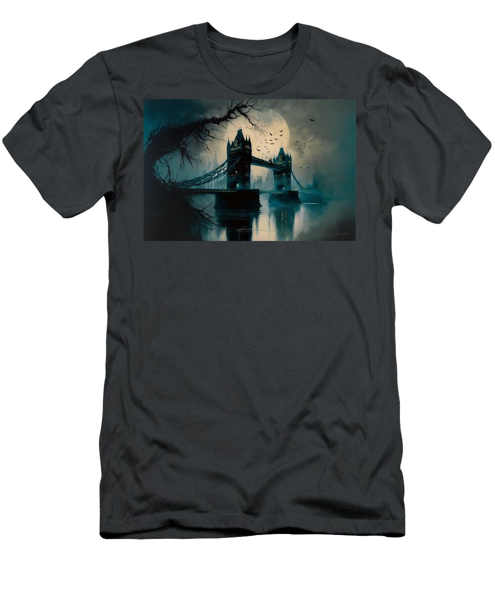 London T-Shirt featuring the digital art Tower Bridge in Moonlight by Kai Saarto