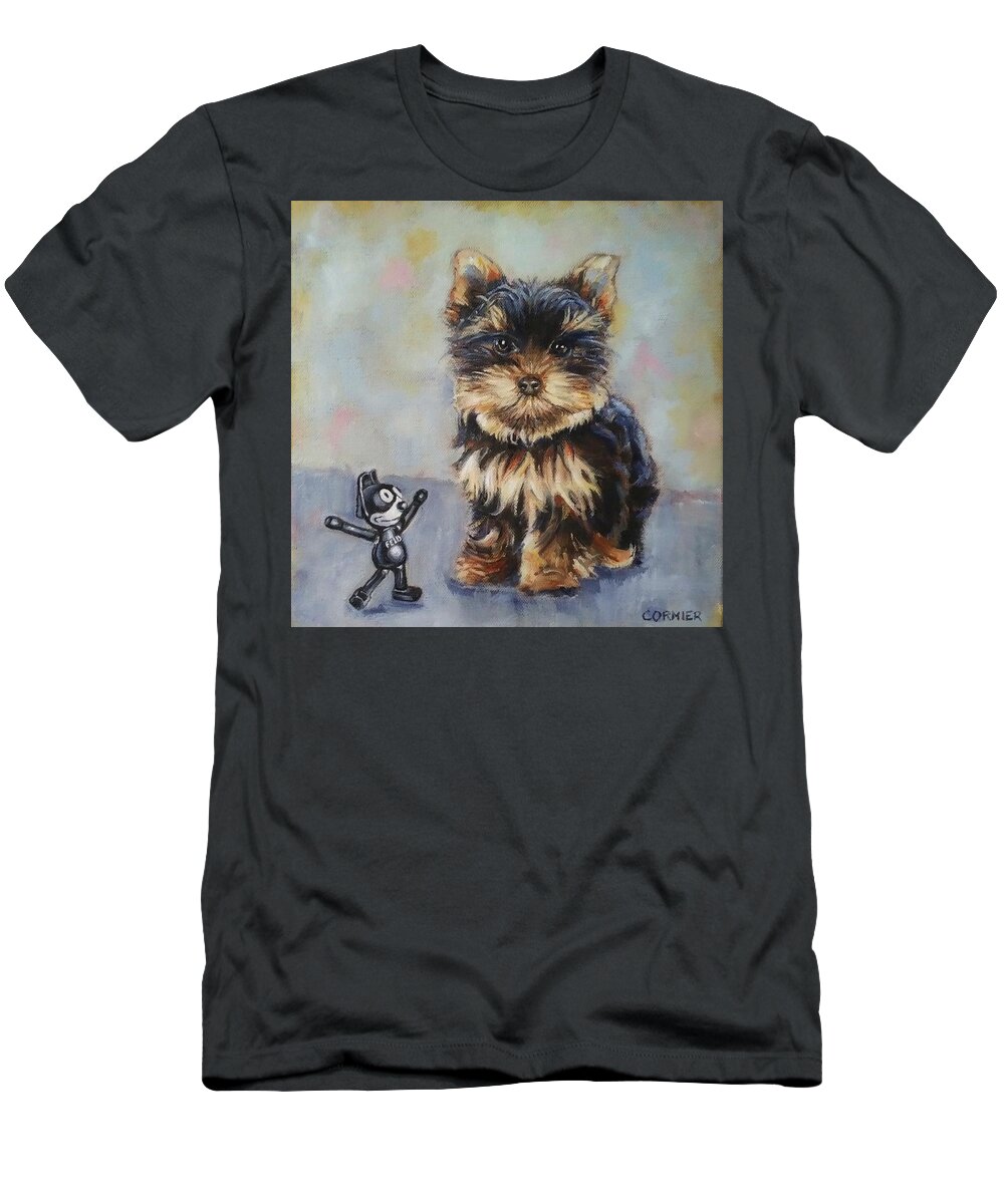 Yorkie T-Shirt featuring the painting Toy VS Toy by Jean Cormier