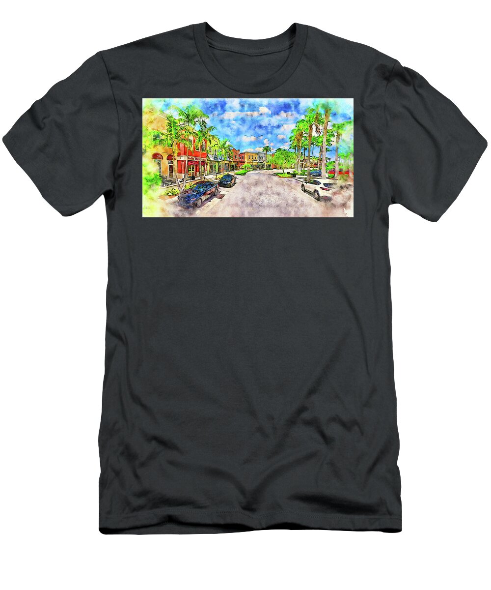 Tradition Square T-Shirt featuring the digital art Tradition Square in Port St. Lucie, Florida - pen and watercolor by Nicko Prints