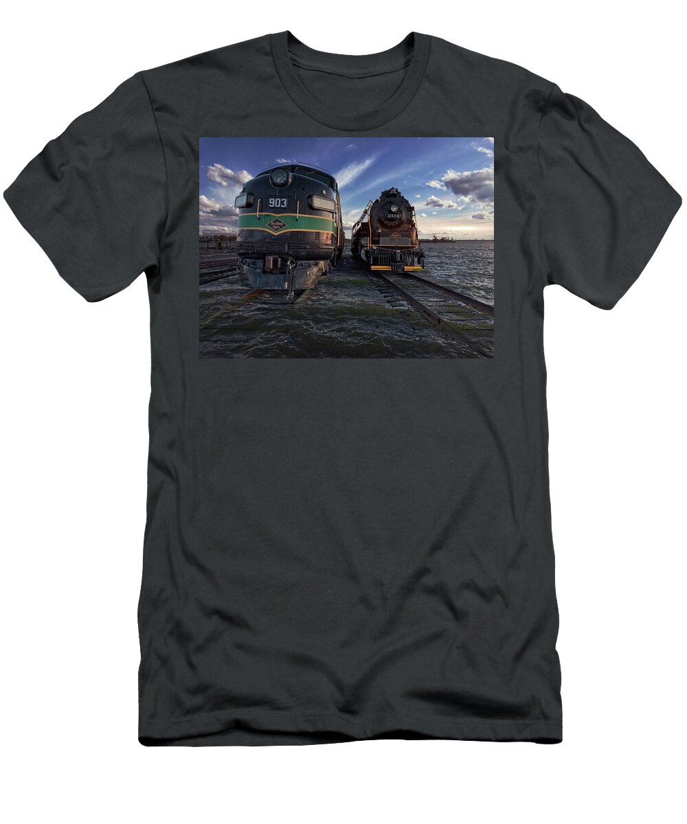 Train T-Shirt featuring the photograph Trains, Red Hook Waterfront in Brooklyn by Carol Whaley Addassi