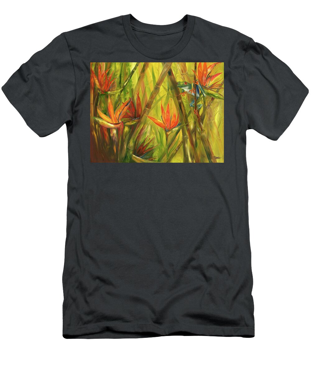 Frog T-Shirt featuring the painting Tree Frog in Paradise by Barbara Landry