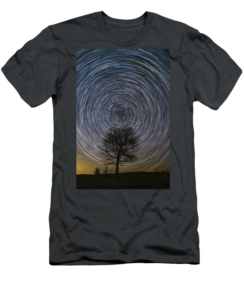 Star Trails T-Shirt featuring the photograph Tree Topper by Chuck Rasco Photography