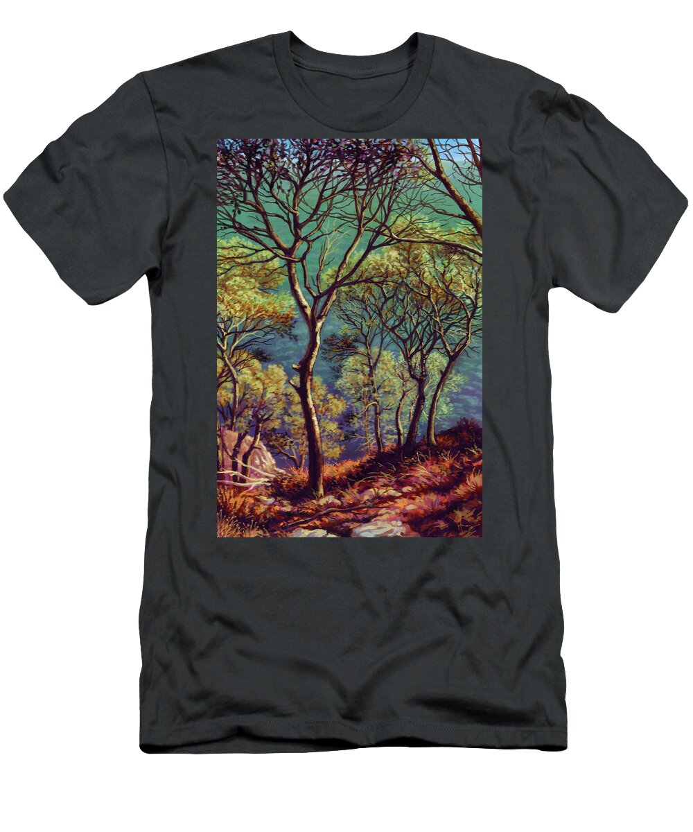 Shore T-Shirt featuring the painting Trees by the Sea by Hans Neuhart