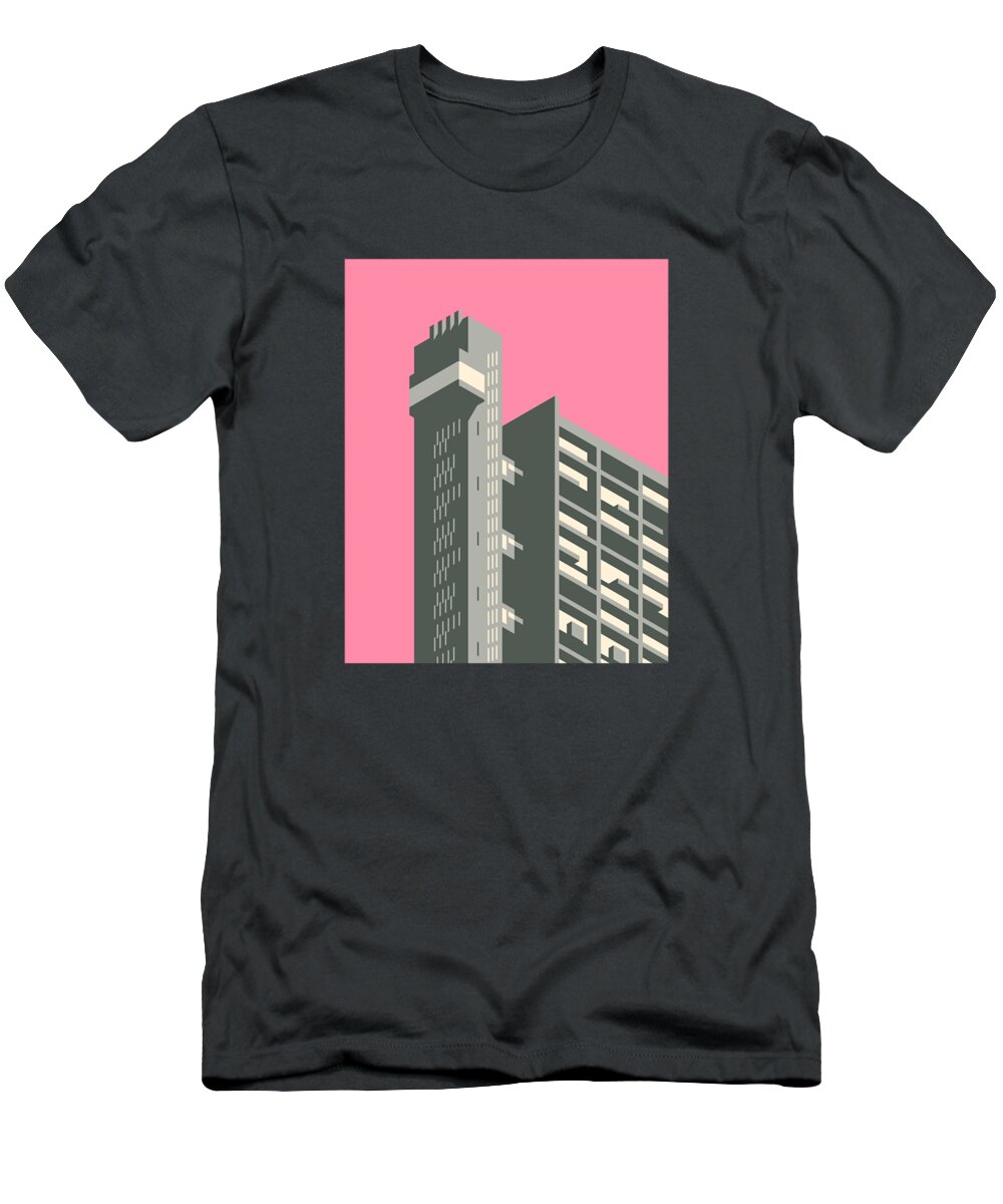 Trellick T-Shirt featuring the digital art Trellick Tower London Brutalist Architecture - Pink by Organic Synthesis