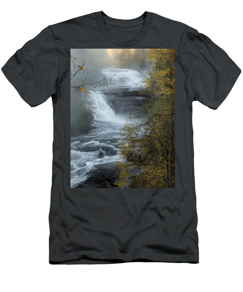 Triple Falls T-Shirt featuring the photograph Triple Falls Dupont Forest Rising Mist by Donnie Whitaker