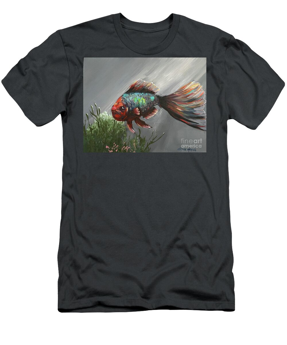Tropical Fish Miroslaw Chelchowski Acrylic Painting On Canvas Ocean Fish Water Seascape Under The Sea Colors Red Blue Fin Seaweed Underwater Gray Deep In The Sea Ocean Beauty T-Shirt featuring the painting Tropical fish by Miroslaw Chelchowski