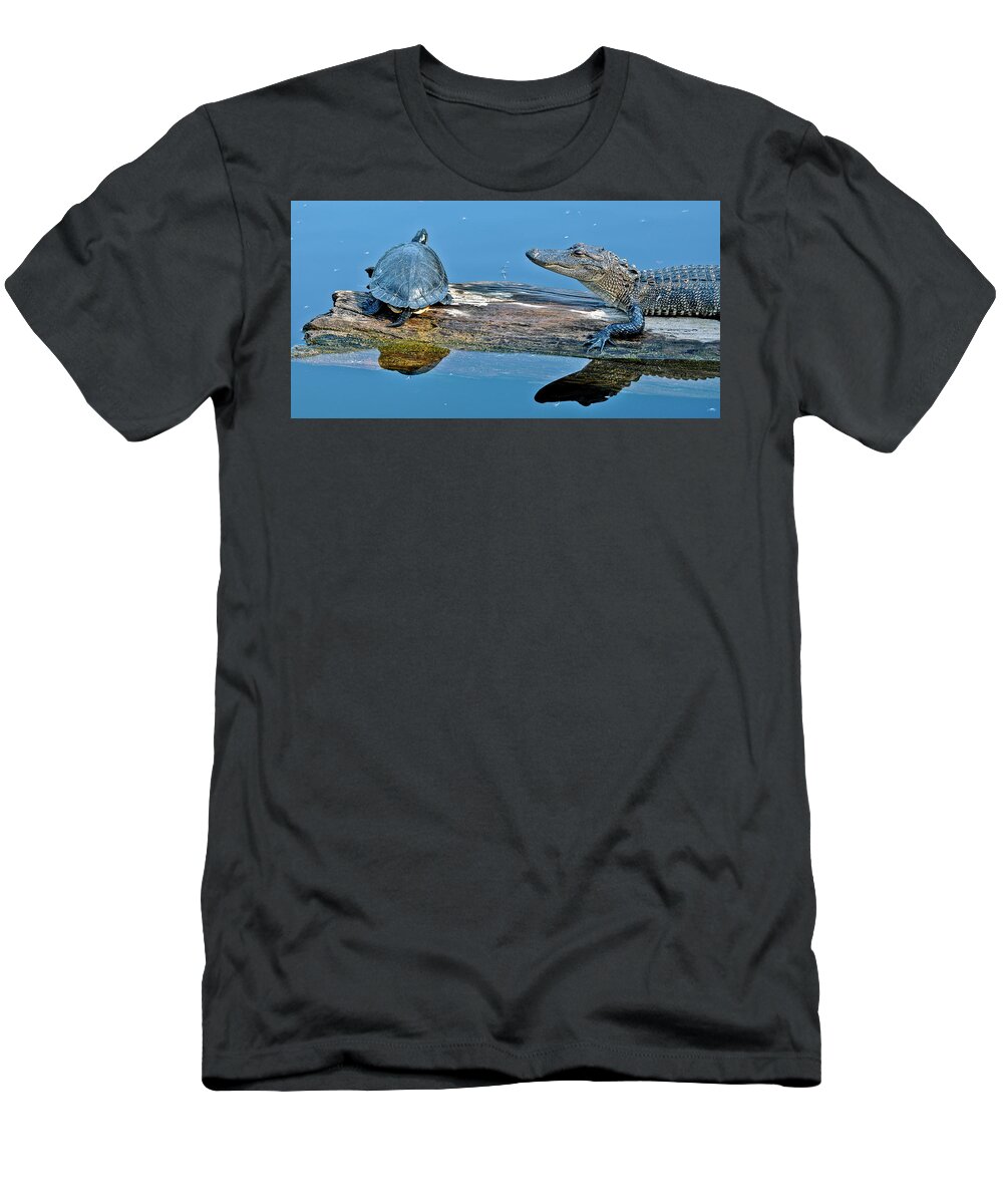 Turtle T-Shirt featuring the photograph Turtle and Gator Share a Log by WAZgriffin Digital