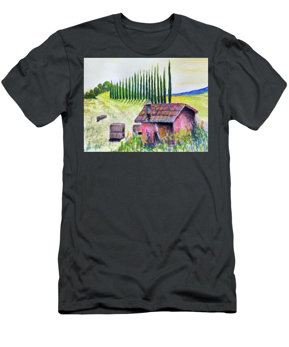 Tuscan T-Shirt featuring the painting Tuscan Hay Field by Roxy Rich