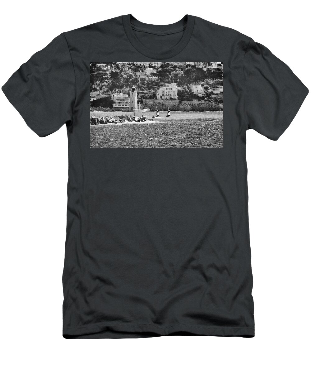 Nice France T-Shirt featuring the photograph Twin Sailboats and Breakwater Lighthouse Nice Harbor French Riviera Black and White by Shawn O'Brien
