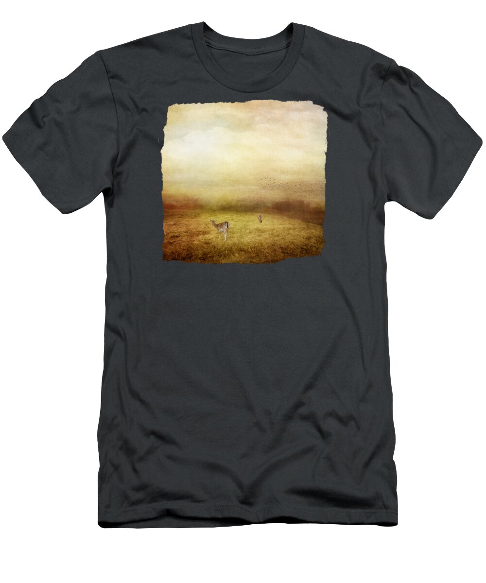 Deer T-Shirt featuring the mixed media Two Deer in the Morning by Elisabeth Lucas