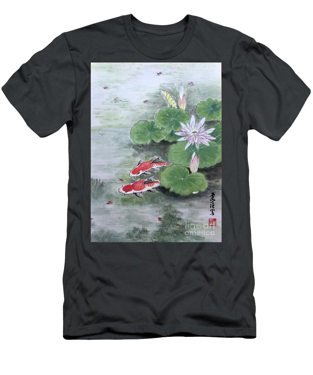 Lake T-Shirt featuring the painting Fishes Joy - 2 by Carmen Lam