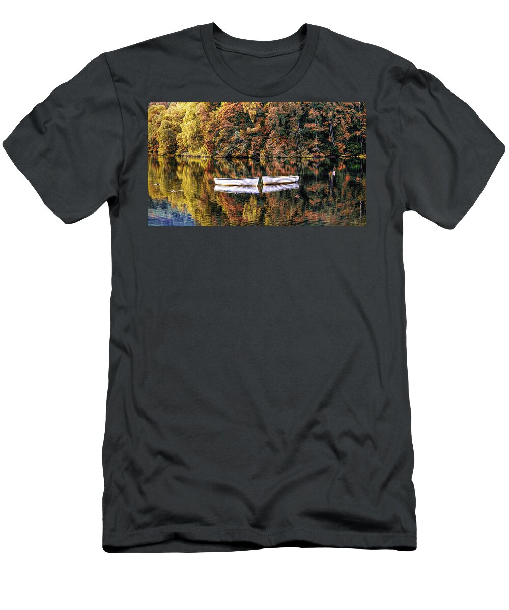 Boats T-Shirt featuring the photograph Two Rowboats in the Autumn Lake Panorama by Debra and Dave Vanderlaan