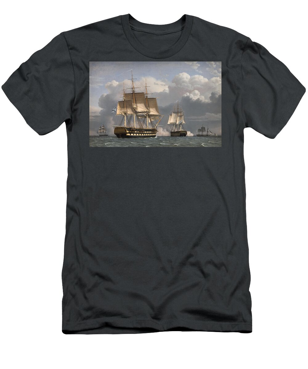 Christoffer Wilhelm Eckersberg T-Shirt featuring the painting Two Russian liners saluting by Christoffer Wilhelm Eckersberg