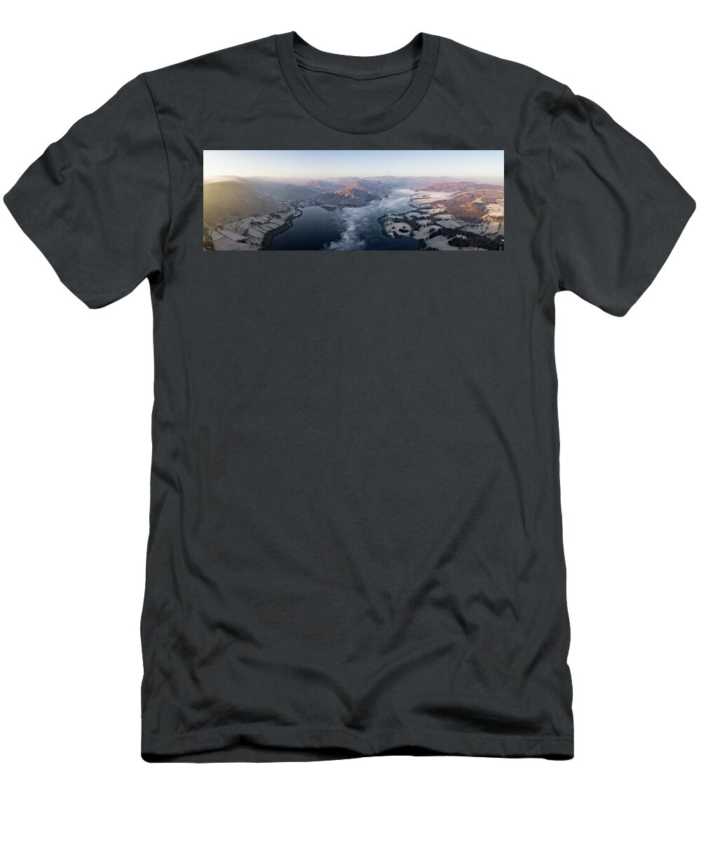 Panorama T-Shirt featuring the photograph Ullswater lake sunrise aerial lake district mist by Sonny Ryse