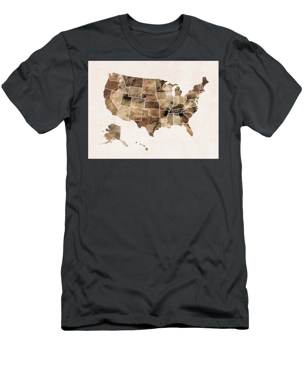 United States Map T-Shirt featuring the digital art United States Watercolor Map Sepia by Michael Tompsett