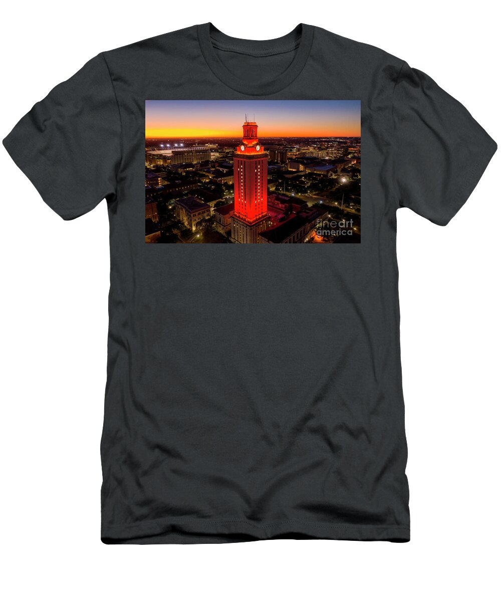 Texas Texas T-Shirt featuring the photograph University of Texas Tower lit with Number 1 bright Orange Tower by Dan Herron