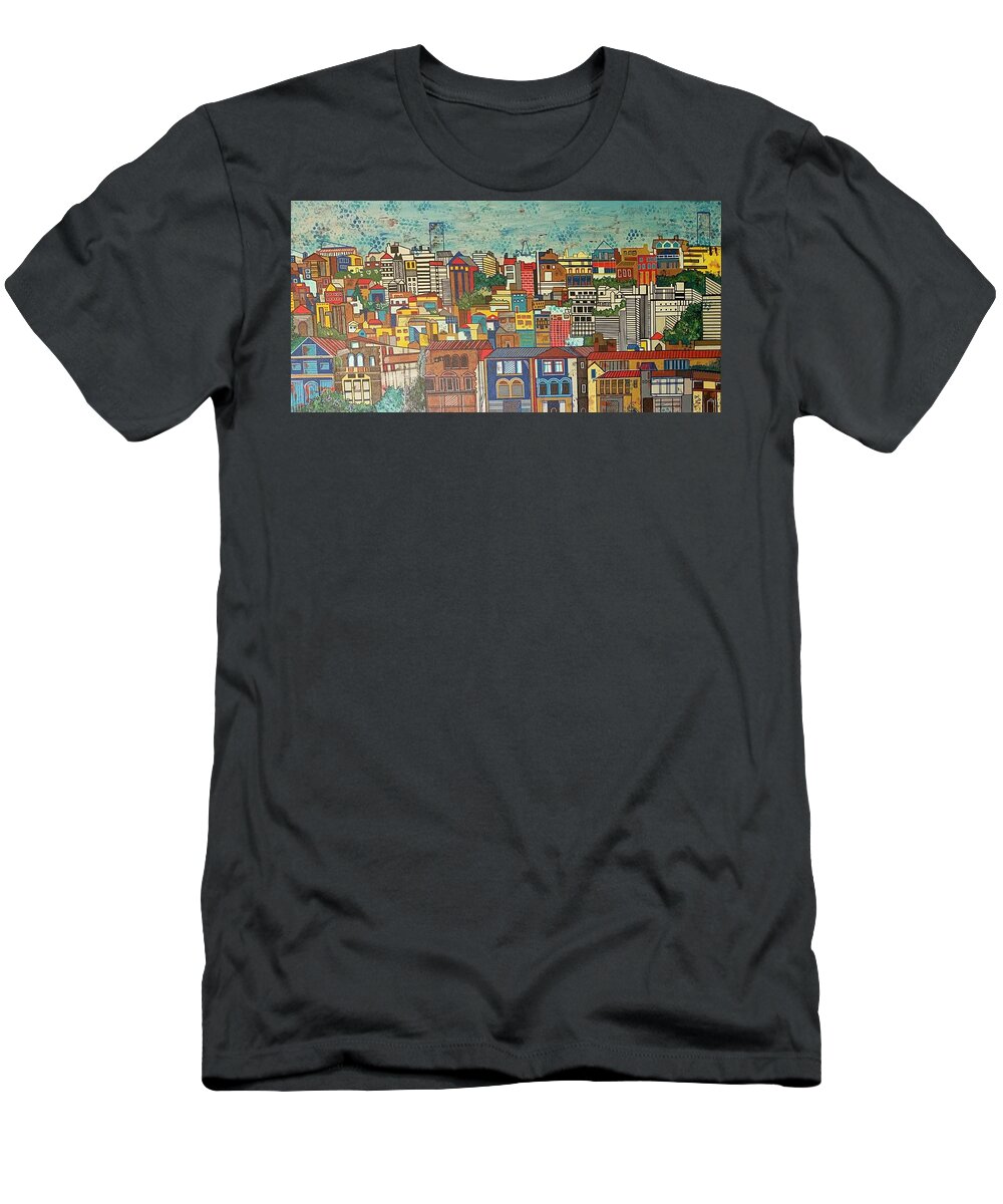 Cityscape T-Shirt featuring the painting Urban Tranquility by Raji Musinipally