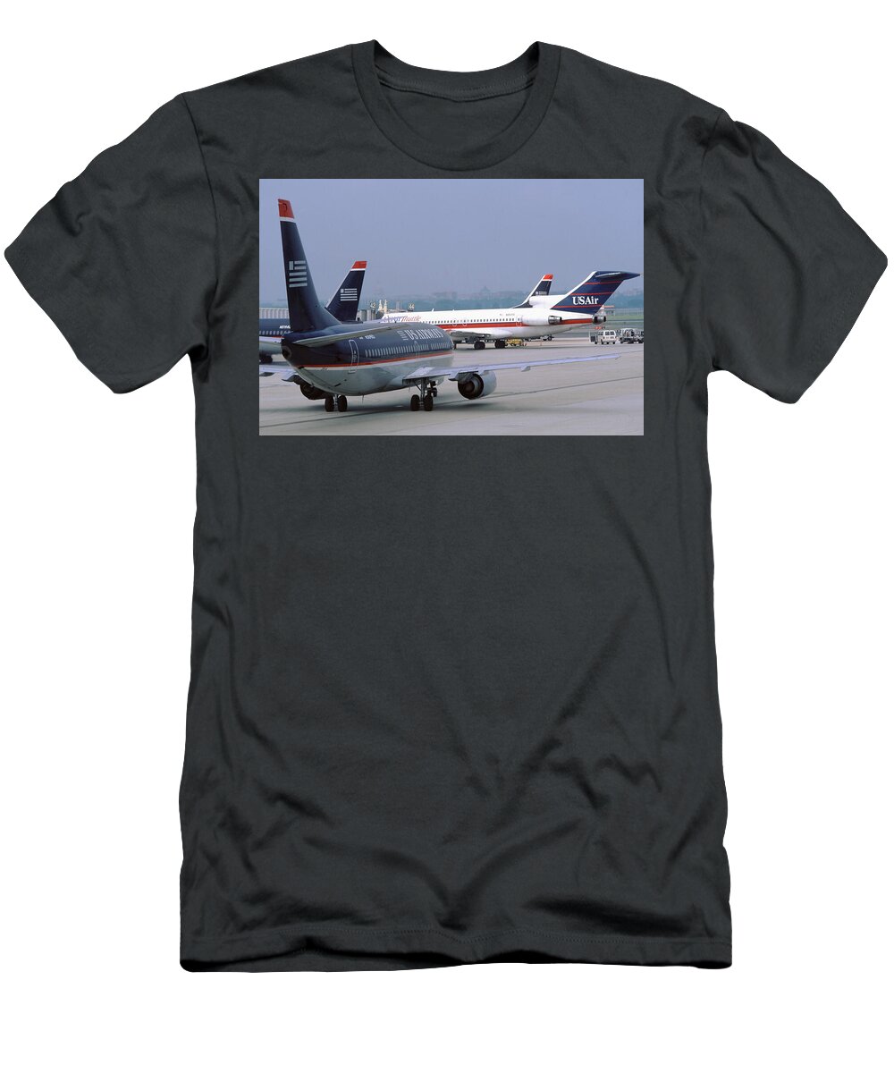 Us Airways T-Shirt featuring the photograph US Airways Boeing 737s at Washington Reagan Airport by Erik Simonsen