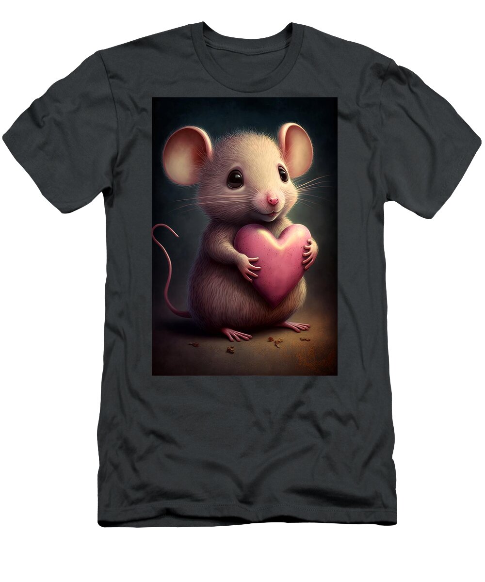 Mouse With Heart T-Shirt featuring the mixed media Valentine Mouse by Lilia S
