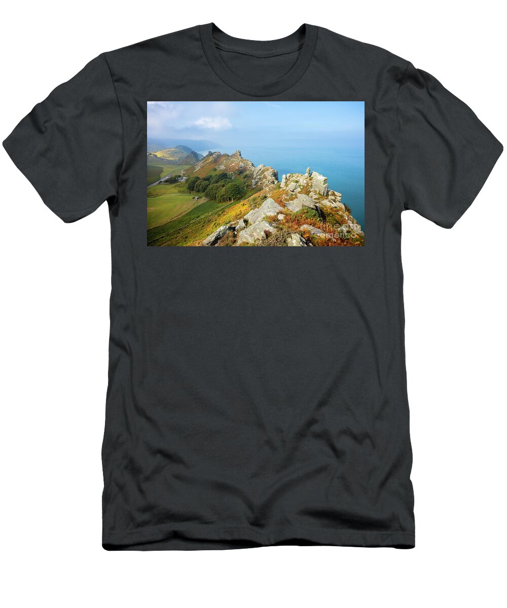 Valley Of The Rocks Devon T-Shirt featuring the photograph Valley of the Rocks in Exmoor National park near Lynton, Devon, England by Neale And Judith Clark