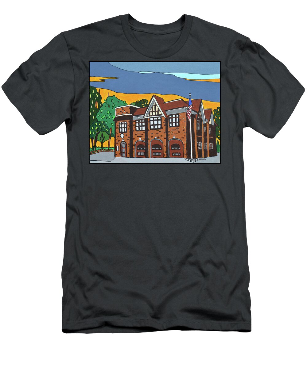 Valley Stream Fire Department Rockaway Ave. T-Shirt featuring the painting Valley Stream Fire House by Mike Stanko