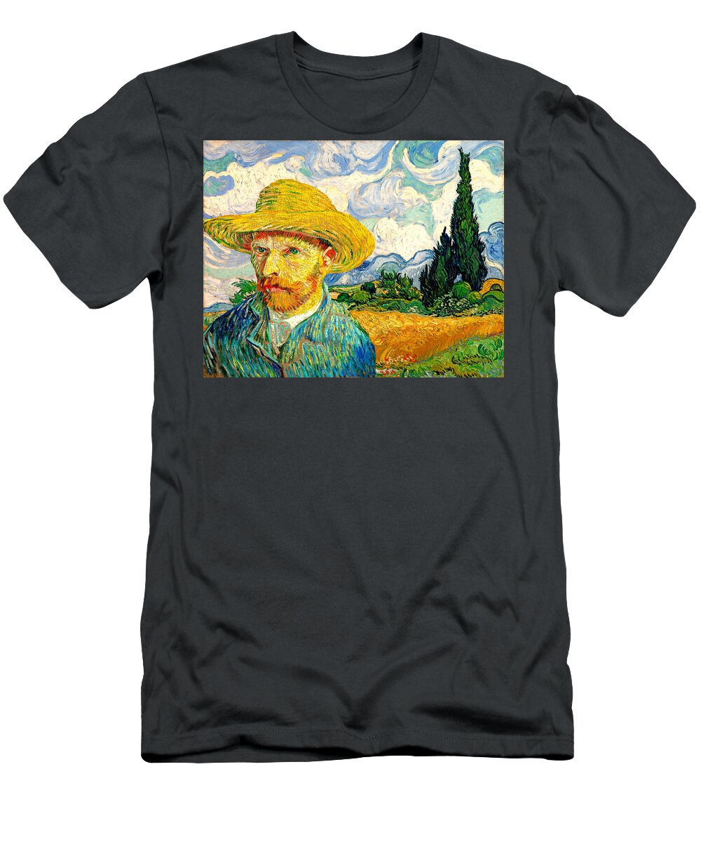 Straw Hat T-Shirt featuring the digital art Van Gogh Self-Portrait with Straw Hat in front of Wheat Field with Cypresses by Nicko Prints