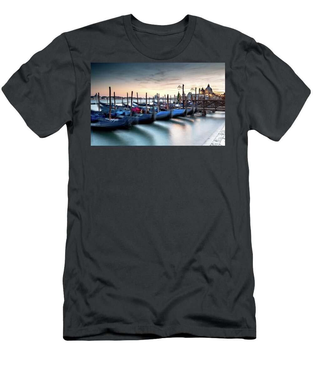 Gondola T-Shirt featuring the photograph Venice Gondolas moored at the San Marco square. by Michalakis Ppalis