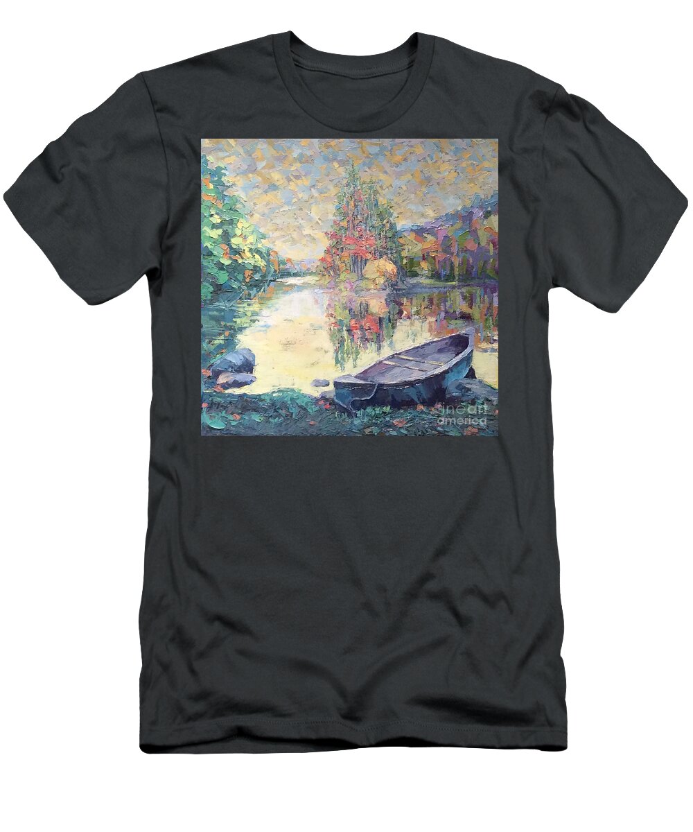 Canoe T-Shirt featuring the painting Vermont Canoe Trip by PJ Kirk