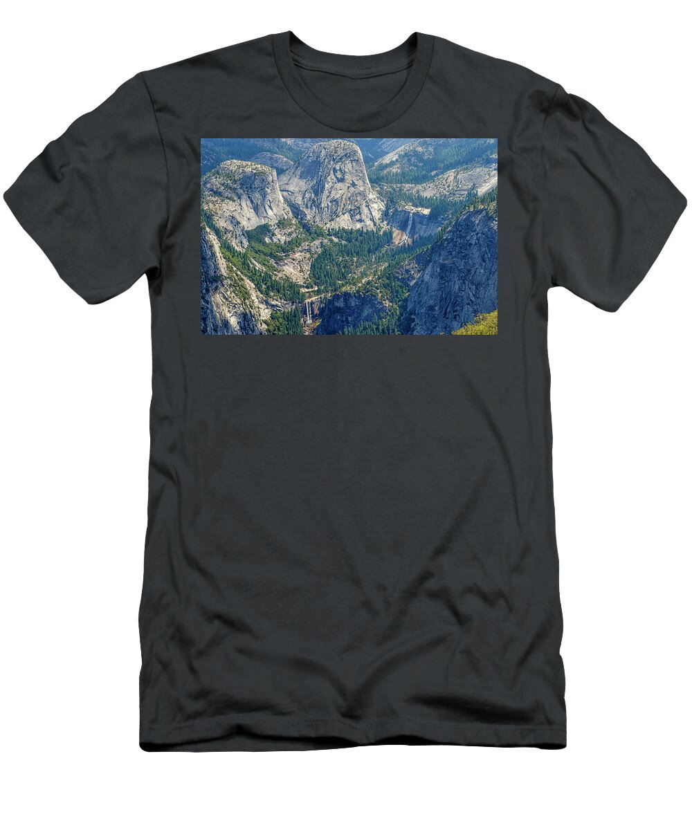 Yosemite National Park T-Shirt featuring the photograph Vernal Falls and Nevada Fall Way Down There by Joseph S Giacalone