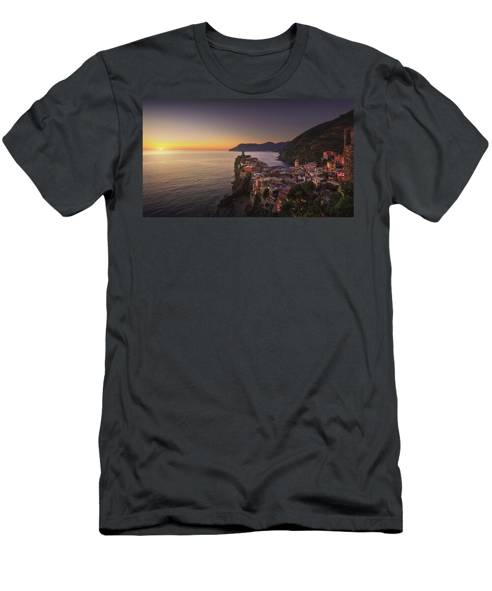Vernazza T-Shirt featuring the photograph Vernazza and Setting Sun. Cinque Terre by Stefano Orazzini